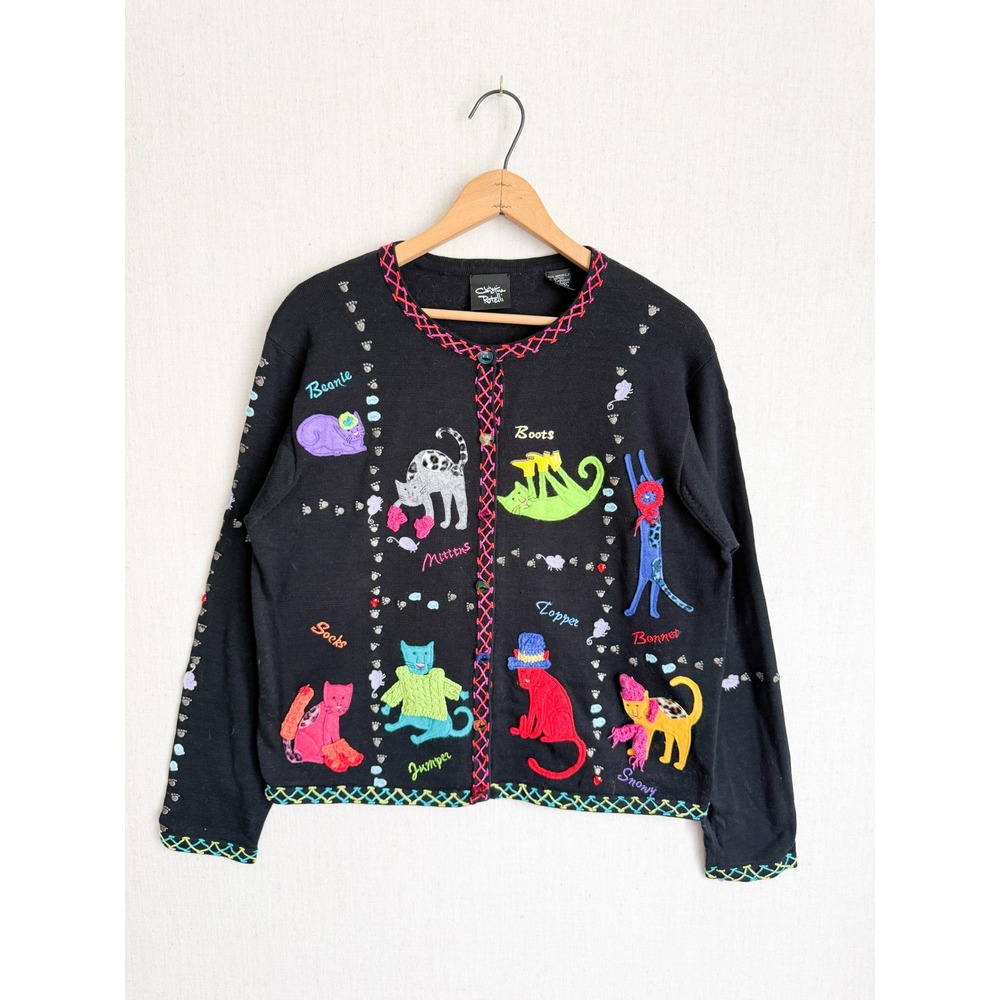 Christina Rotelli Cardigan Cat Novelty Art to Wear Black Cotton Knit Sweater L